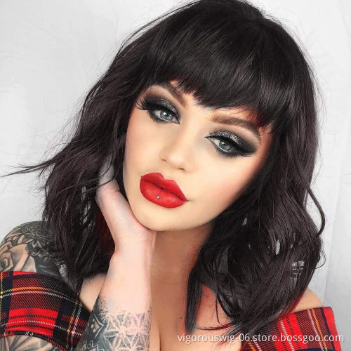 Vigorous Bob Wavy Curly Wig Synthetic Short Black Wig with Bangs Natural Looking Heat Resistant Fiber Hair for Women